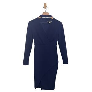 Another Story Long Sleeve Wrap Dress Size XS Navy Blue Choker Neck Tulip Skirt